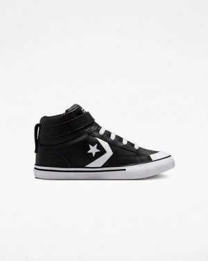 Black / White Converse Pro Blaze Strap Leather Kids' Sneakers UK | C-54917029