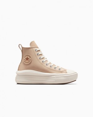 Light Brown Converse Chuck Taylor All Star Move Leather Kids' Sneakers UK | C-83651029