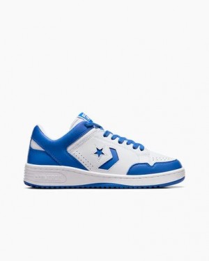 White / Blue Converse Weapon Leather Men Basketball Shoes UK | C-39648209