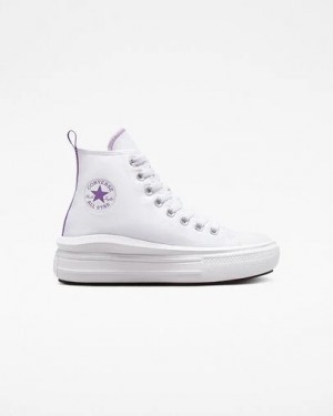 White / Purple Converse Chuck Taylor All Star Move Platform Kids' Canvas Shoes UK | C-69452319