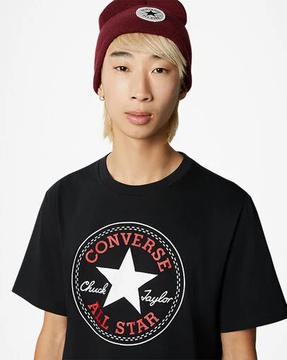 Black Converse Go-To All Star Patch Standard-Fit Men T Shirts UK | C-09653489