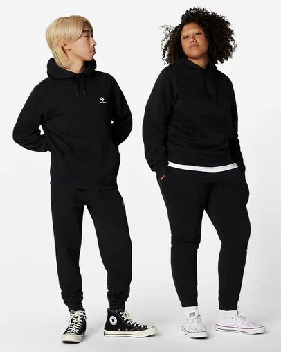 Black Converse Go-To Embroidered Star Chevron Standard-Fit Fleece Women Hoodie UK | C-92536489