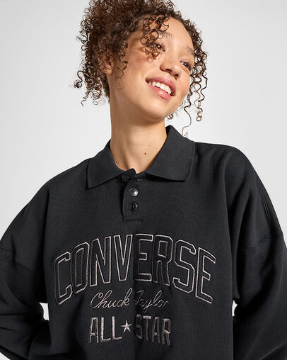 Black Converse Retro Polo Crew Women Polo Shirts UK | C-94817509