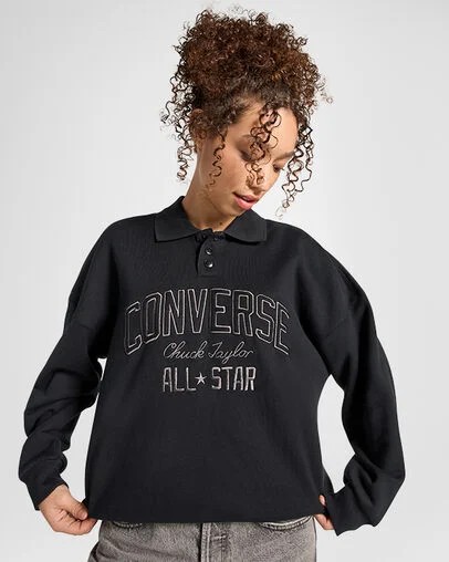 Black Converse Retro Polo Crew Women Polo Shirts UK | C-94817509