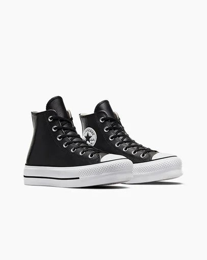 Black / White Converse Chuck Taylor All Star Leather Women Platform Shoes UK | C-42786159