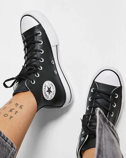 Black / White Converse Chuck Taylor All Star Leather Women Platform Shoes UK | C-42786159