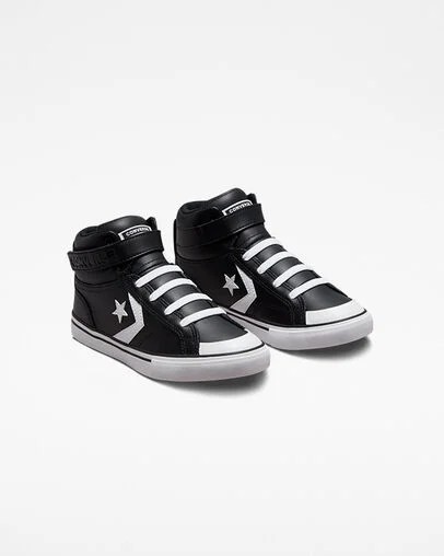 Black / White Converse Pro Blaze Strap Leather Kids' Sneakers UK | C-24870969