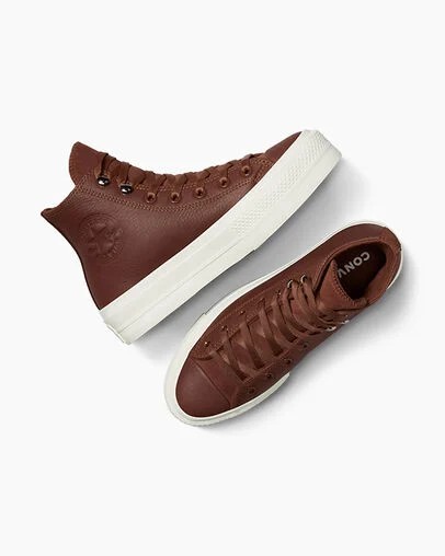 Brown / Black Converse Chuck Taylor All Star Lift Platform Water Repellent Leather Women Boots UK | C-01467839