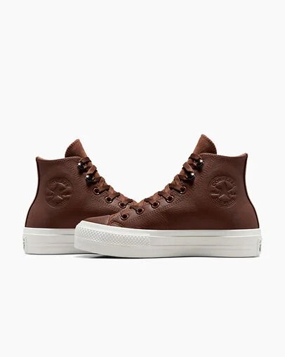 Brown / Black Converse Chuck Taylor All Star Lift Platform Water Repellent Leather Women Boots UK | C-01467839