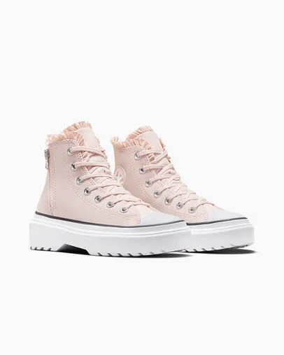 Pink / White Converse Chuck Taylor All Star Lugged Lift Ruffles Kids' Sneakers UK | C-09861729