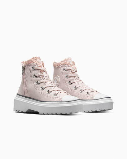 Pink / White Converse Chuck Taylor All Star Lugged Lift Ruffles Kids' Sneakers UK | C-13967489