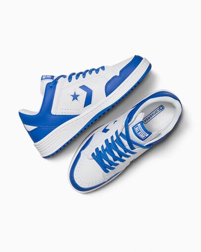 White / Blue Converse Weapon Leather Men Basketball Shoes UK | C-39648209