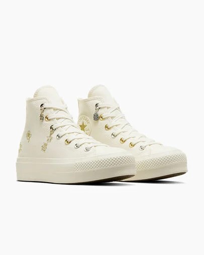 White / Gold / Silver Converse Chuck Taylor All Star Lift Women Platform Shoes UK | C-63451909