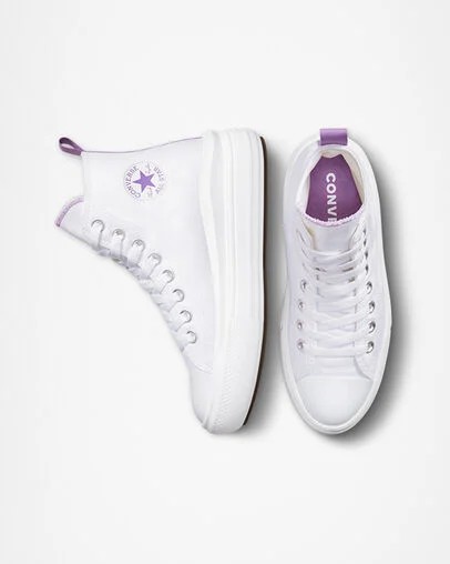 White / Purple Converse Chuck Taylor All Star Move Platform Kids' Canvas Shoes UK | C-69452319